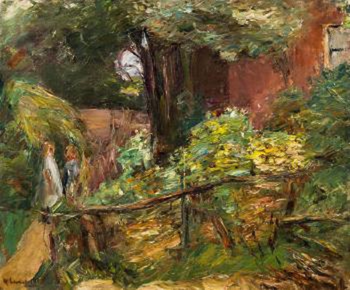 Zwei Mädchen auf einem Waldweg - Bauerngarten mit blühenden Sommerblumen by Max Liebermann