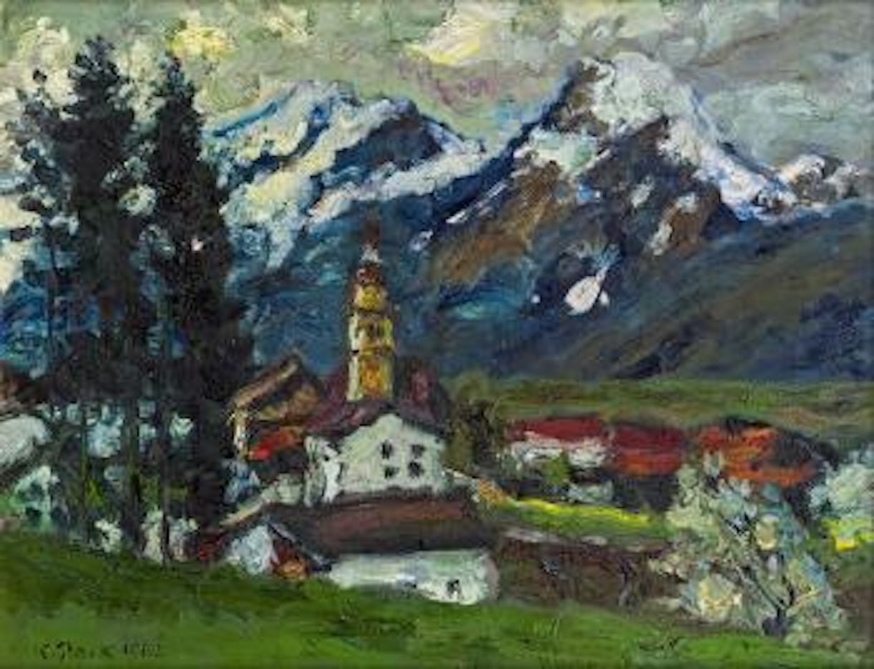Landschaft im Drautal mit Kirche und beschneiten Bergen by Karl Stark