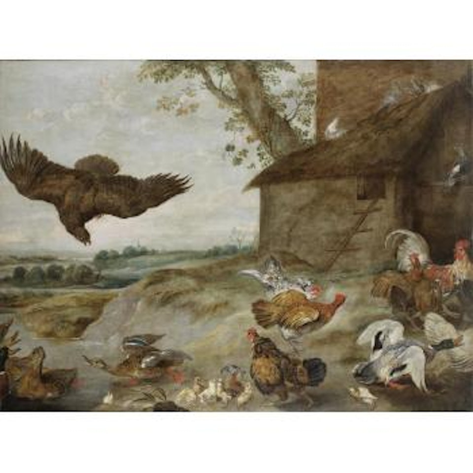 Hens and cockerels before a hen-house with a bird of prey swooping by Paul de Vos