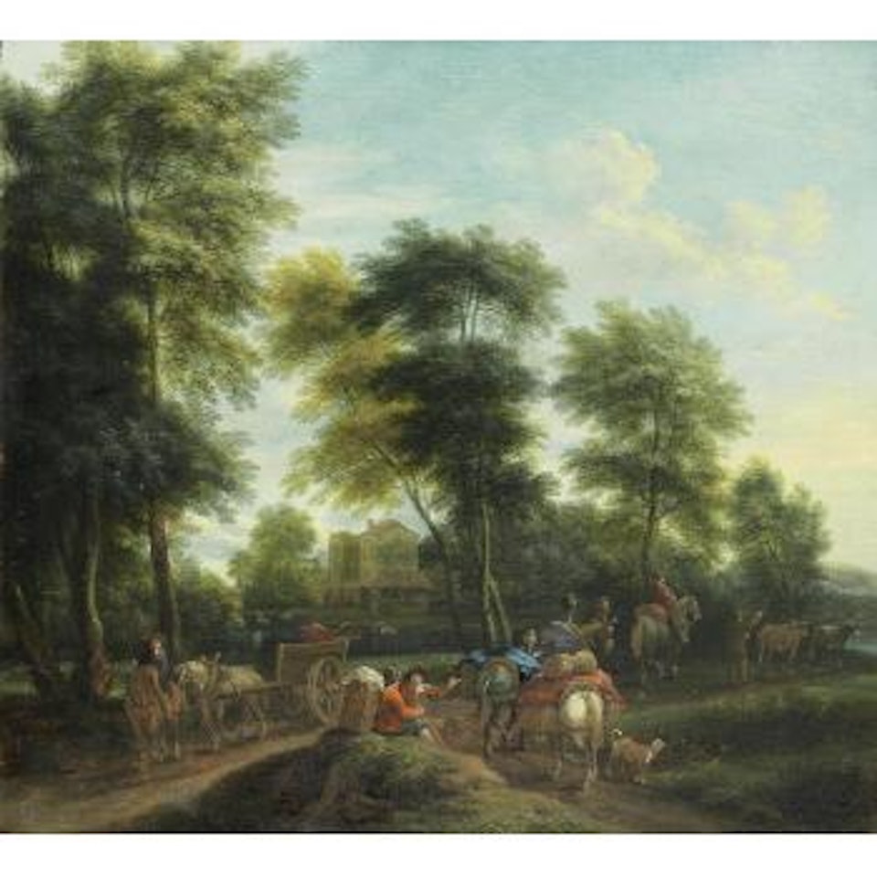 A wooded landscape with travellers on a path by Adriaen Frans Boudewyns by Pieter Bout