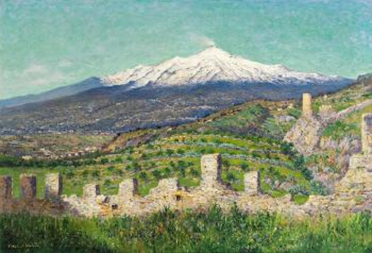 Blick auf den schneebedeckten Ätna von Taormina aus by Theodor von Hörmann
