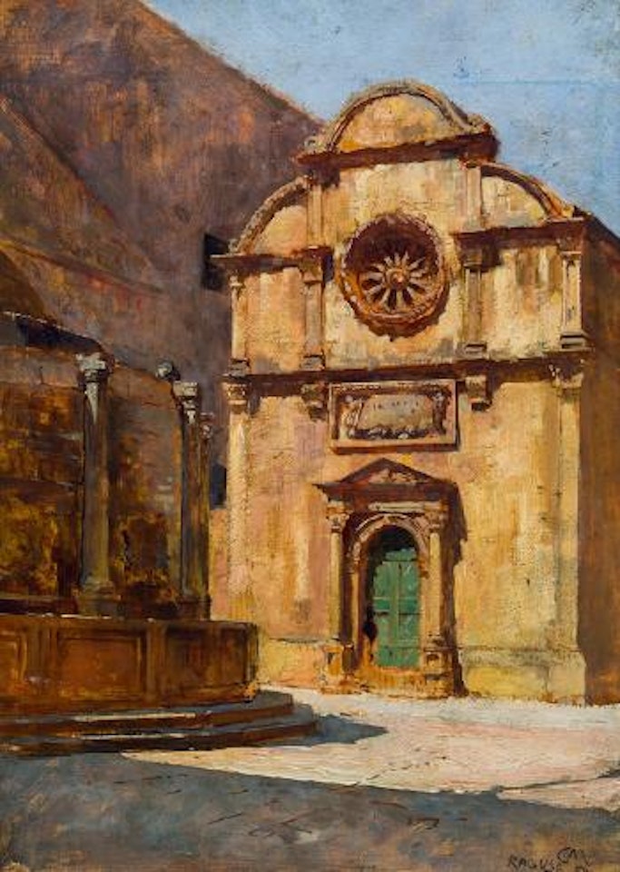 Ragusa, Erlöserkirche und Onofrio-Brunnen beim Pile-Tor by Carl Moll