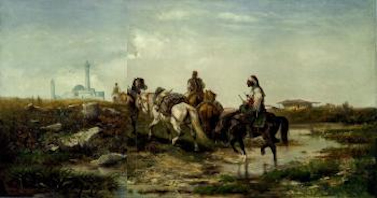 Arabische Reiter überqueren einen Flus by Adolf Schreyer