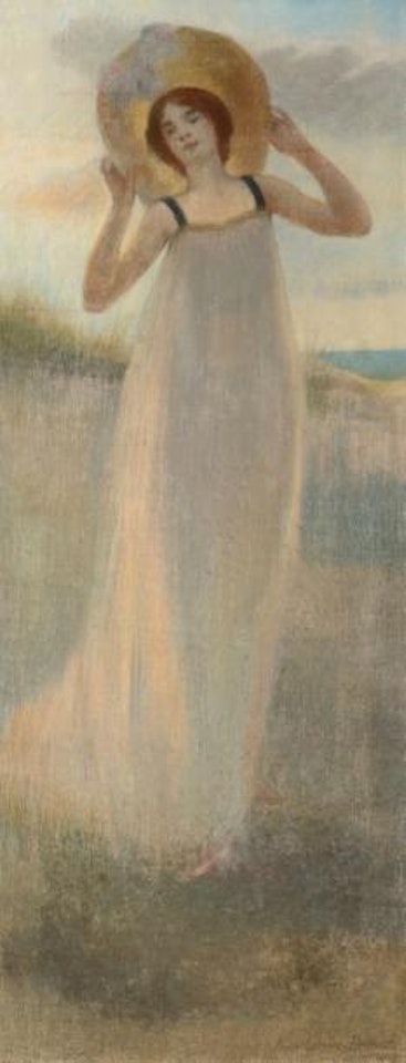 Jeune femme au chapeau, sur la dune by Pierre Carrier-Belleuse