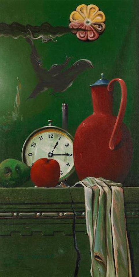 Stillleben mit rotem Krug und Weckuhr by Franz Radziwill