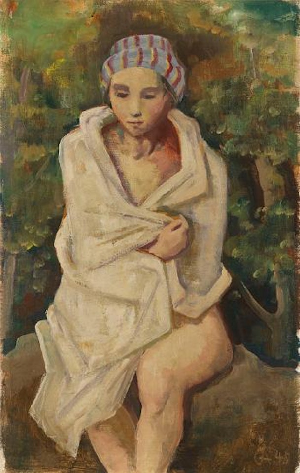 Frierende mit Badetuch und Turban by Karl Hofer