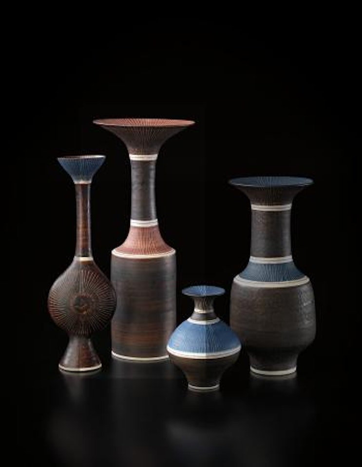 Tall cylindrical vase with flaring rim by Lucie Rie
