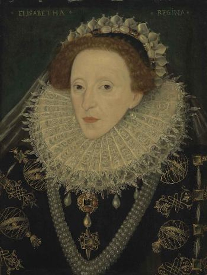 Portrait of Queen Elizabeth I (1533-1603), half-length, in a black gold embroidered and bejewelled dress with armillary spheres, a lace ruff, a bejewelled headdress and a veil by English School