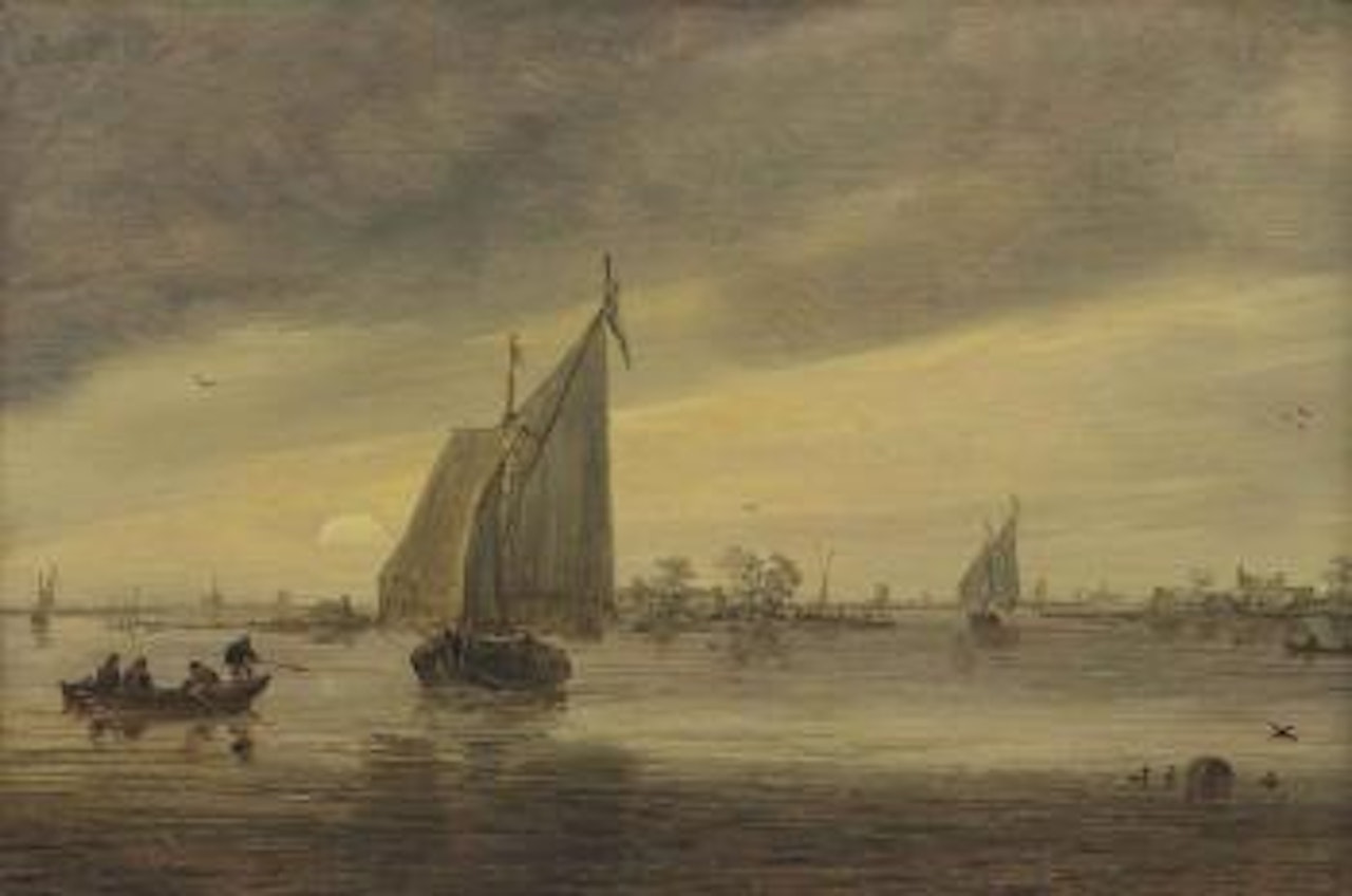 Sunrise over the Haarlemmermeer with a schmalship and other boats by Jan van Goyen