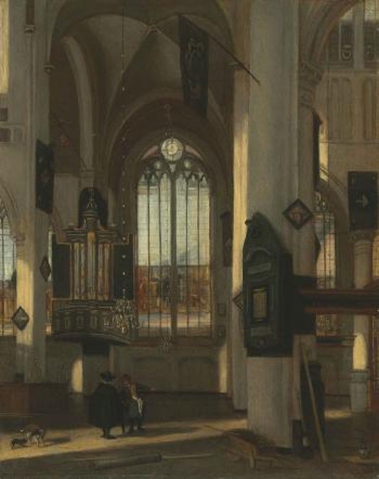 The transept of a Gothic Church with an organ by Emanuel de Witte