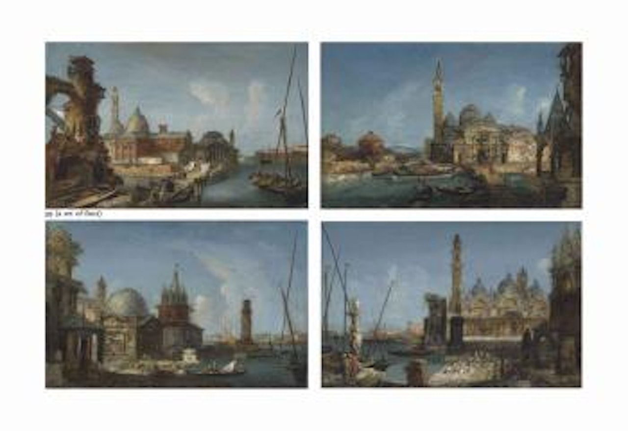 A capriccio of the church of San Pietro in Castello with a temple and elegant figures conversing by a bridge, others on boats in the lagoon and a village in the distance; A capriccio of the church of San Francesco alla Vigna.. by Michele Marieschi