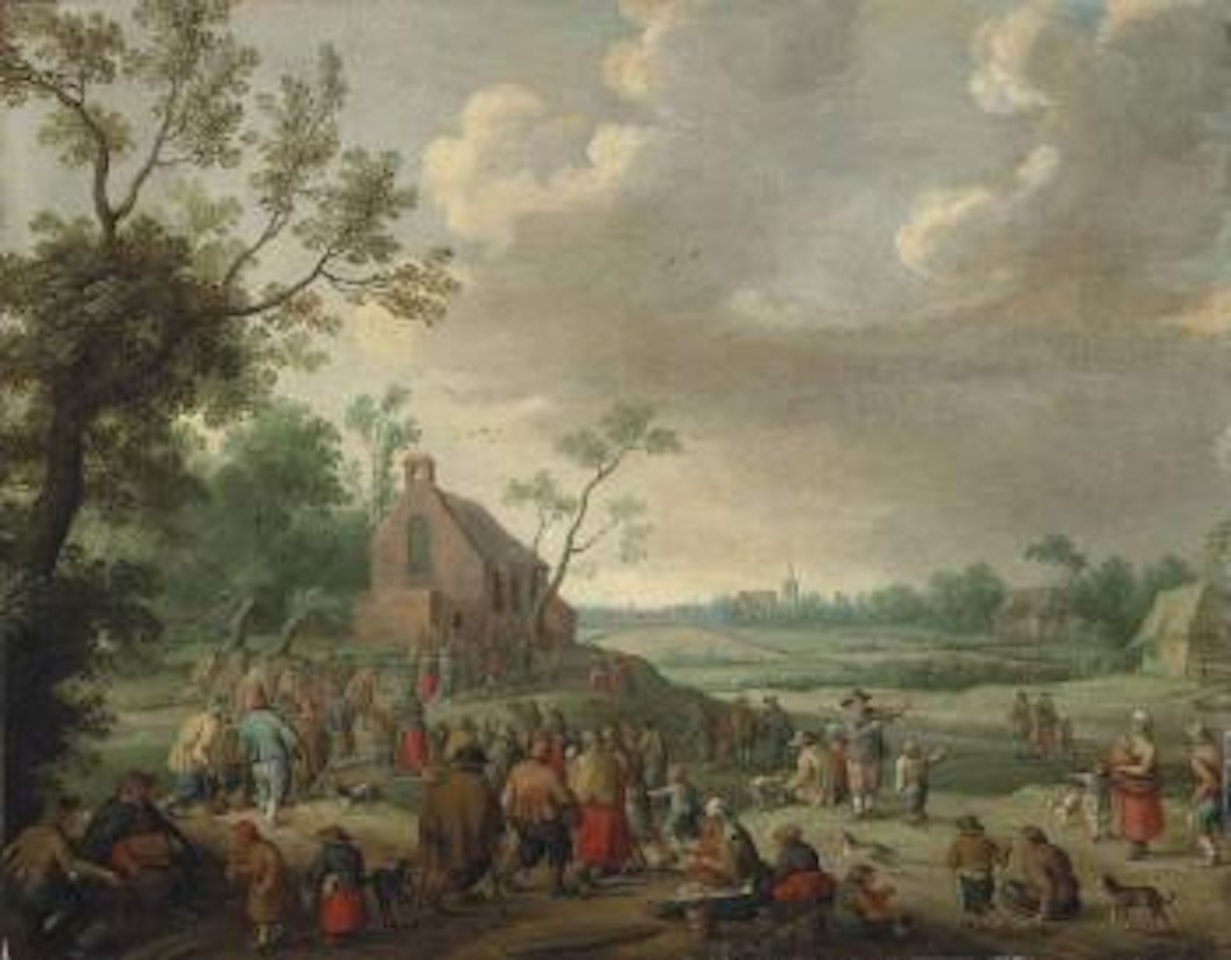 A landscape with figures conversing and playing music, a church beyond by Joost Cornelisz Droochsloot