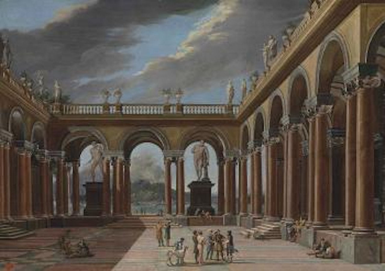An architectural capriccio of a loggia with elegantly-dressed figures, the sea and mountains beyond by Viviano Codazzi