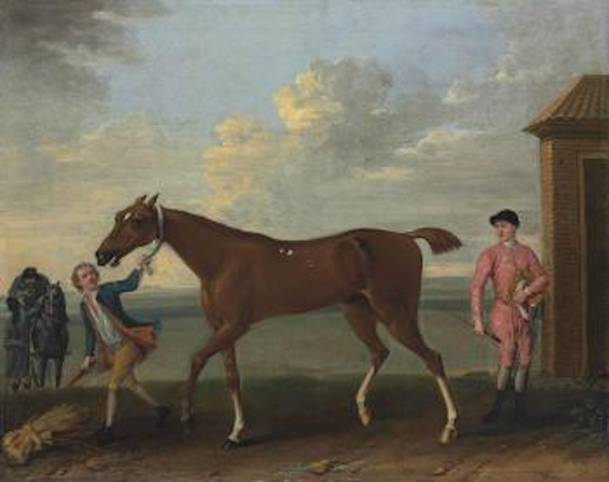 A chestnut racehorse held by a groom, with a jockey dismounted, by the King's Stables, Newmarket by John Wootton