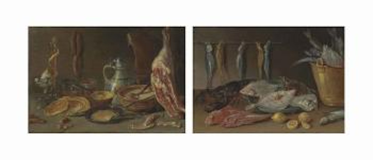 Pancakes on a pewter platter and in a pan, a vessel with batter, a joint of ham, sausages, two roemers and other vessels on a stone ledge; and Plaice in a collander, gurnard, a lobster and a bucket of fish on a ledge with lemons by Jan Van Kessel The Elder