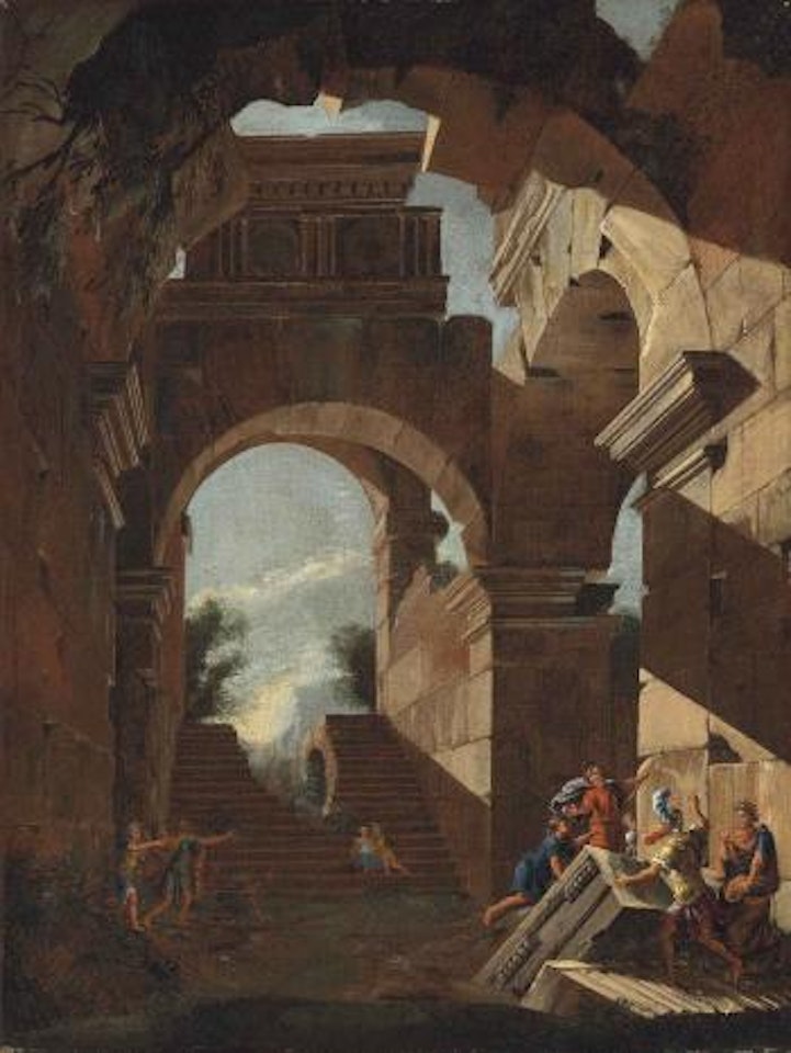 An architectural capriccio with figures amongst ruins by Viviano Codazzi