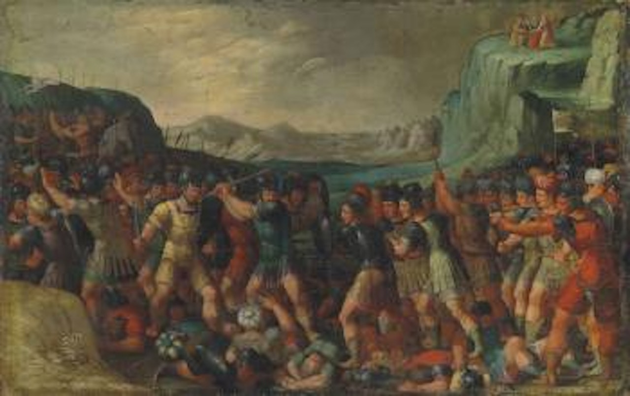 Joshua and the Israelites fighting Amalek and his people, with Moses, Aaron and Hur on the mountain beyond by Flemish School