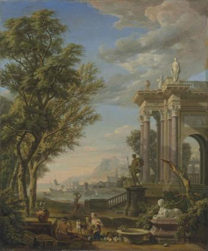 A Mediterranean harbour with classical ruins, a figure of Neptune and a fountain in the foreground by Isaac de Moucheron