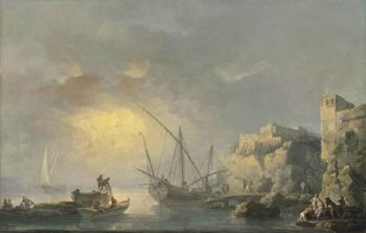 A coastal landscape with stevedores unloading a ship and fishermen throwing out their nets at sunrise, other figures on the shore by a fortress, possibly the Castello di Baja by Carlo Bonavia