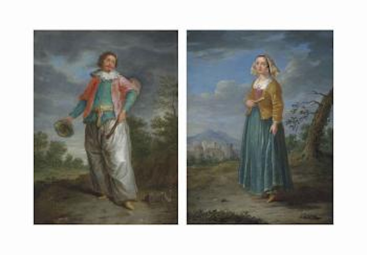 A musician with a banjo, holding a turban, in a wooded landscape; and A gypsy woman holding a fan, in a landscape, a town beyond by Christian Wilhelm Ernst Dietrich