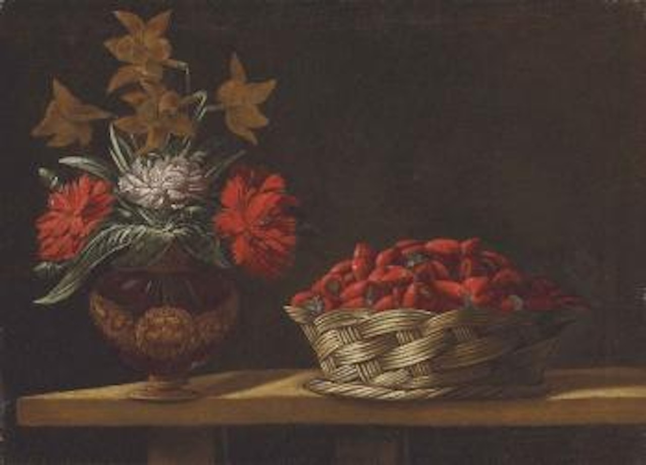 Strawberries in a woven basket, with daffodils and carnations in a sculpted vase on a table by Spanish School