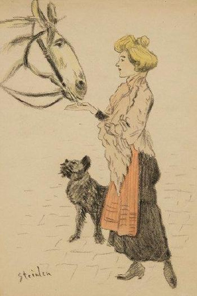 Jeune femme caressant un cheval, un chien à ses côtés by Théophile Alexandre Steinlen