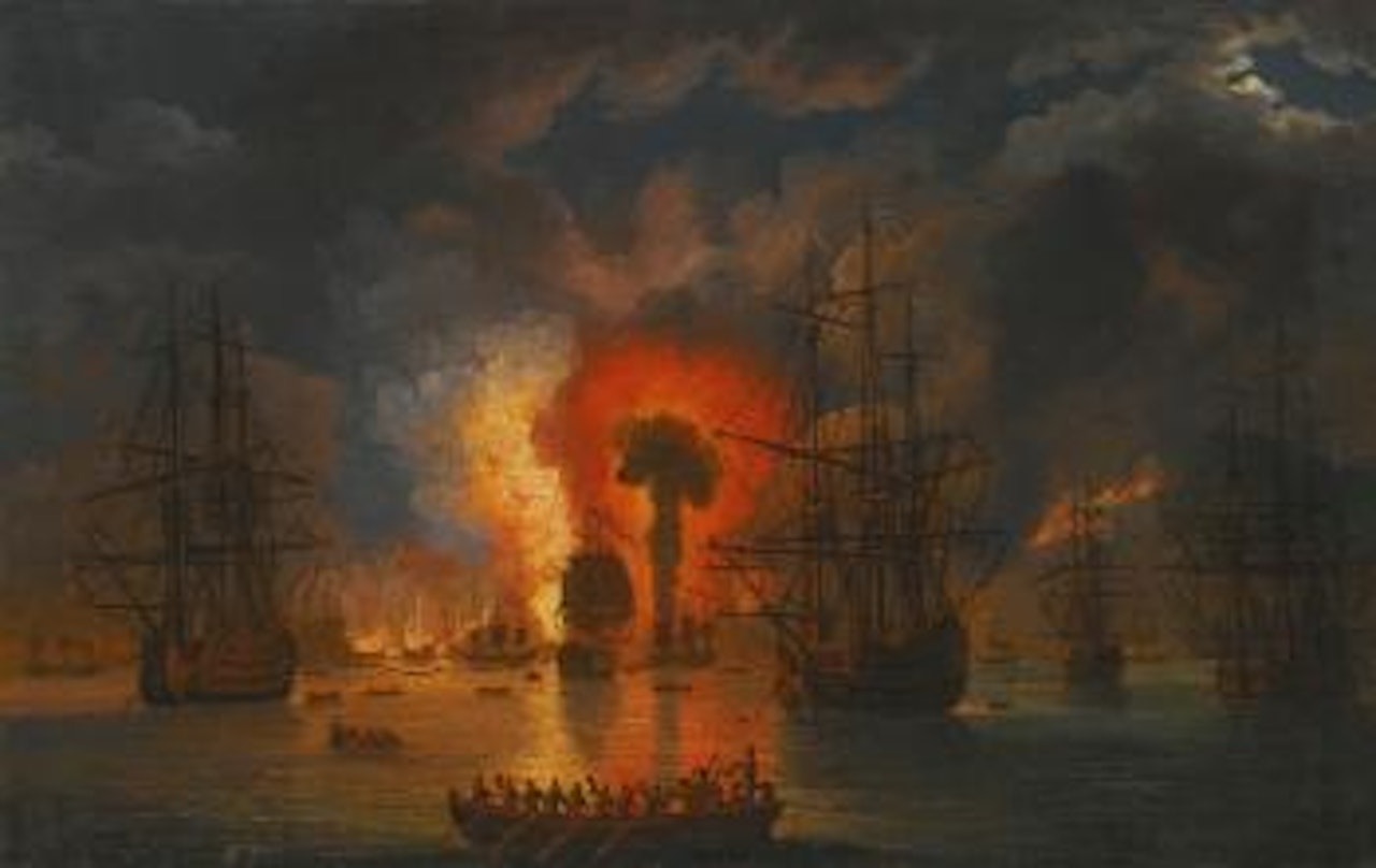 The Destruction Of The Turkish Fleet In The Battle Of Chesme 6- 7 July 1770 by Jacob Philipp Hackert