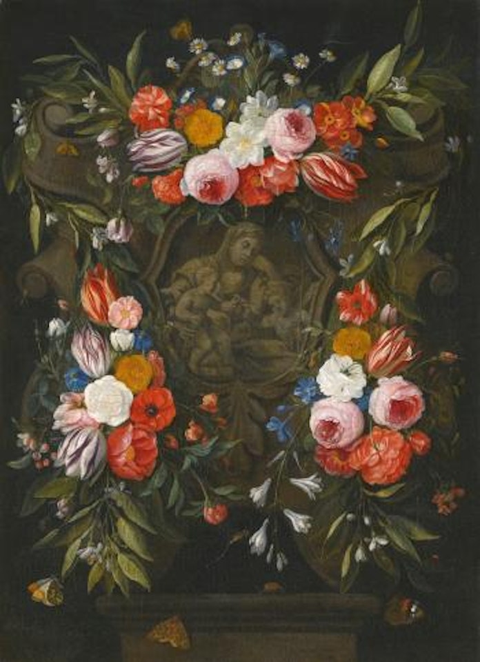 A Garland Of Flowers Around A Stone Cartouche Depicting The Virgin And Child And Saint John by Jan Van Kessel The Elder
