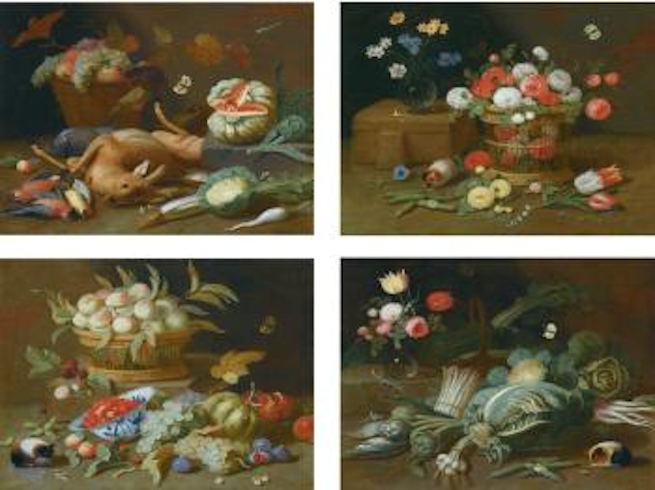 Four Still Lifes With Fruits And Flowers In Baskets And Glass Vases, Game And Vegetables, With Guinea Pigs by Jan Van Kessel The Elder