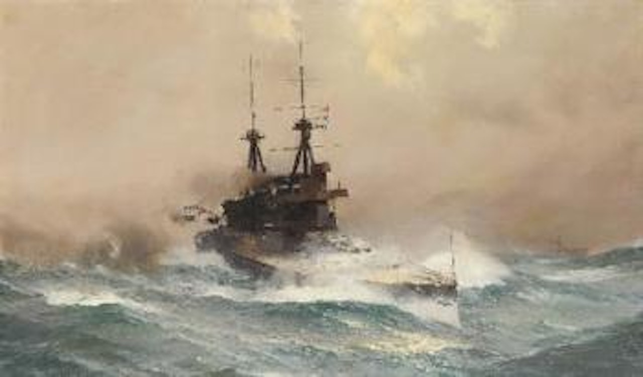 HMS Invaluable ploughing through waves by Montague Dawson