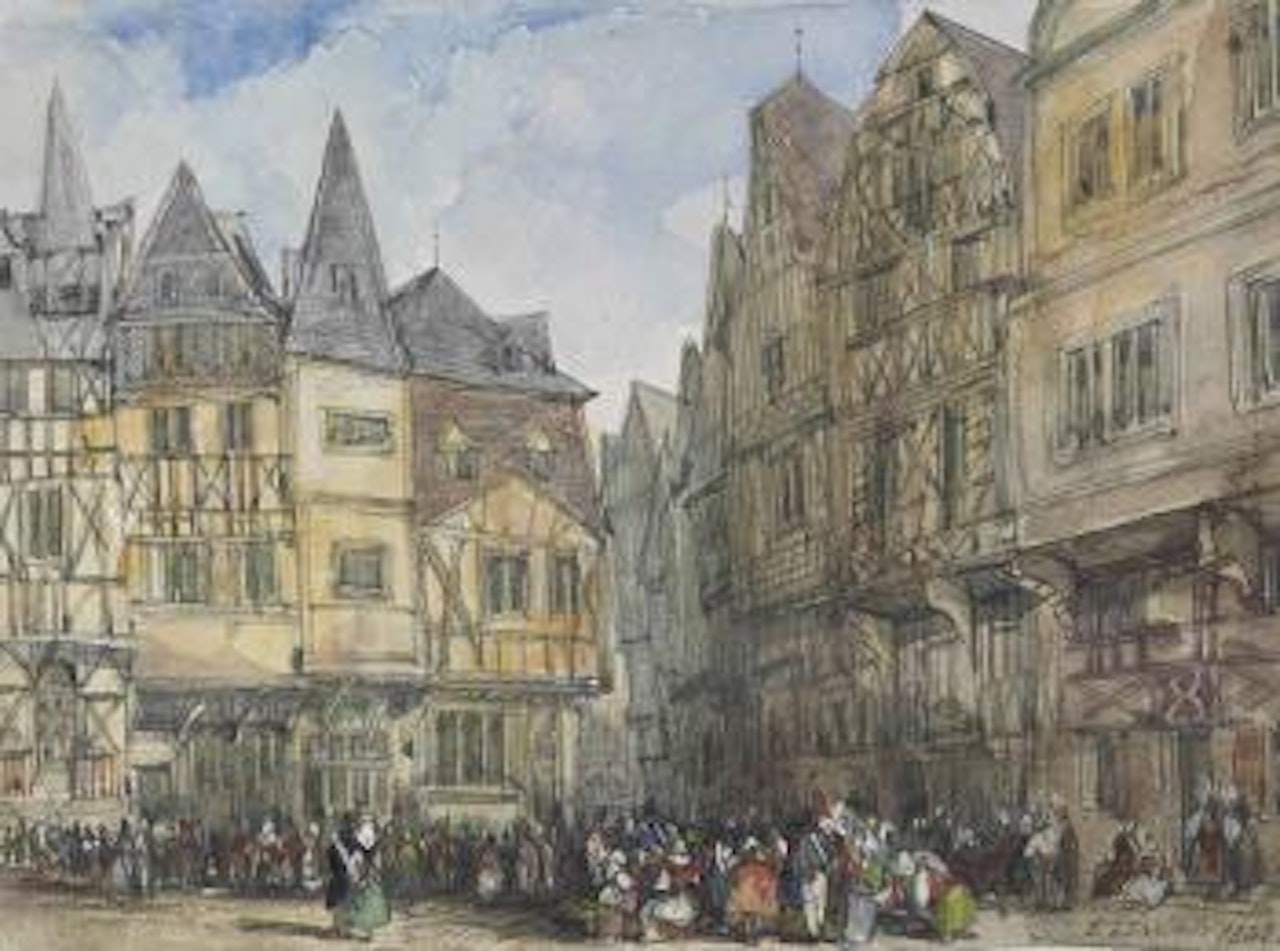 A view of a market place in a continental town, possibly Trier, Germany by Edward Lear