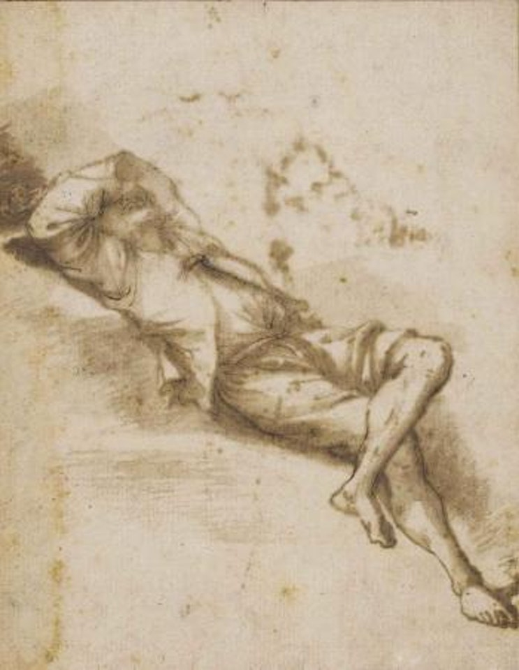 A sleeping man on a bank, with his arm thrown across his face by Salvator Rosa