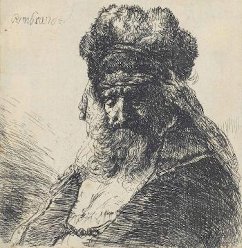 An old bearded Man in a high Fur Cap, with Eyes closed (Bartsh, Hollstein 290; Hind 130; New Hollstein 148) by Attributed to Rembrandt Harmensz van Rijn
