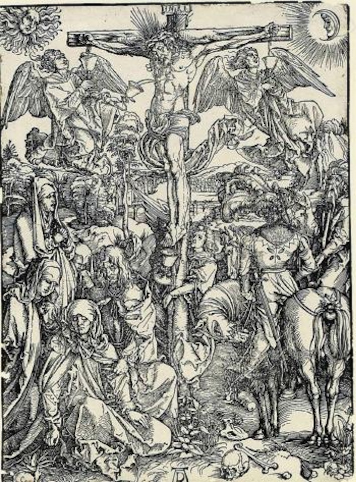 The Crucifixion, from: The Large Passion Series (Bartsch 11; Meder, Hollstein 120; Schoch, Mende and Scherbaum 161). St. Christopher in the Wilderness with a Flight of Birds (B. 104; M.Holl. 222) by Albrecht Dürer