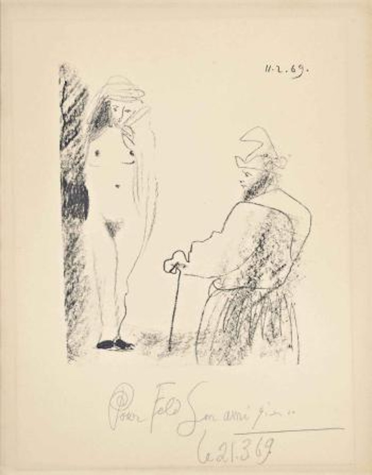 Femme Nue et Homme Ã  la Canne, from: Picasso - dessins 27.3.66 to 15.3.68 (Mourlot 407; Bloch 1464; see Cramer books 145) by Pablo Picasso