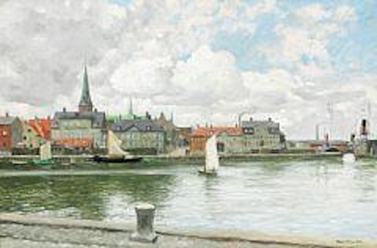 Harbour scene from Helsingør with the cathedral in the background by Paul Fischer