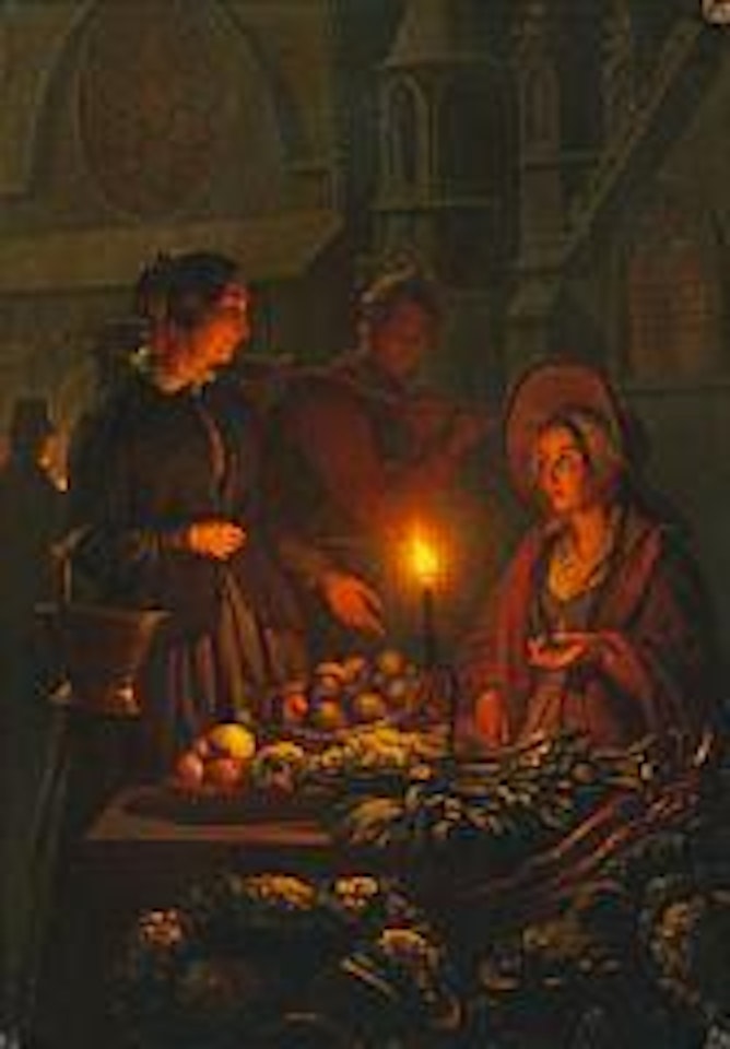 A dutch night market with a woman selling vegetables by candlelight by Petrus van Schendel