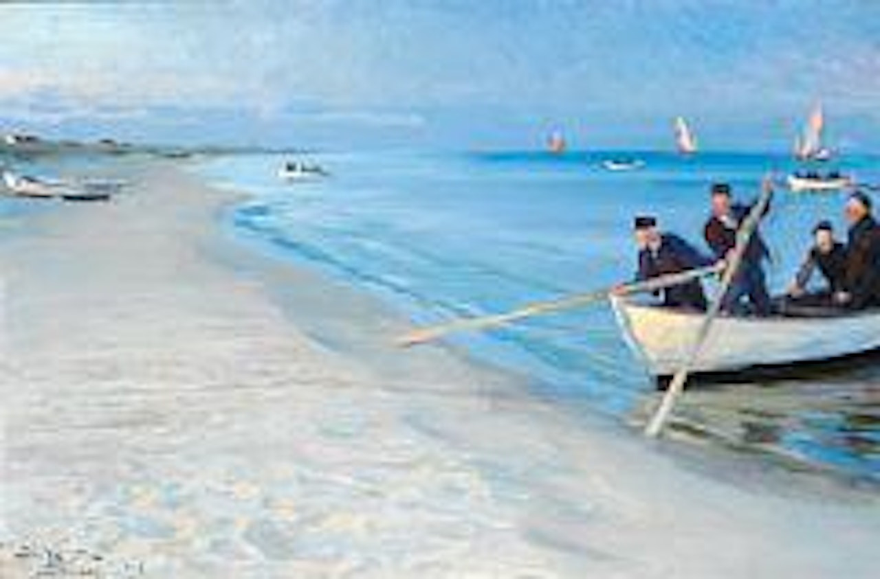Skagensfiskere gaa ud. Tre Fiskere i en hvid Baad, hvoraf kun et Stykke ses (Fishermen from Skagen on their way out to fish. Three fishermen in a boat, only part of which is in view) by Peder Severin Kröyer