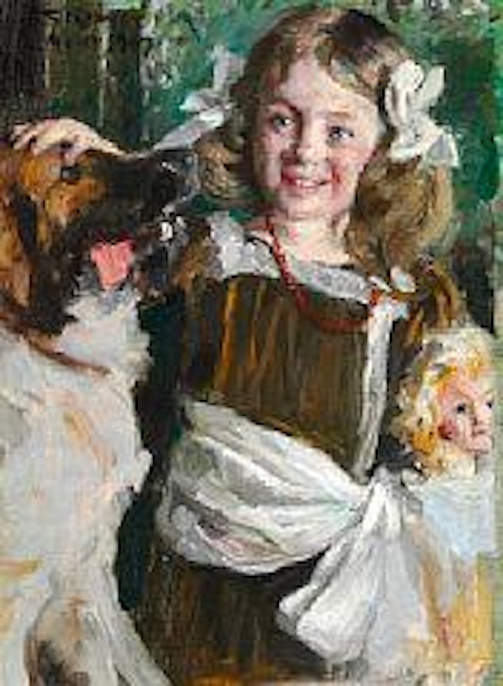 A little girl in a fancy dress with her dog and her doll by Peder Severin Kröyer