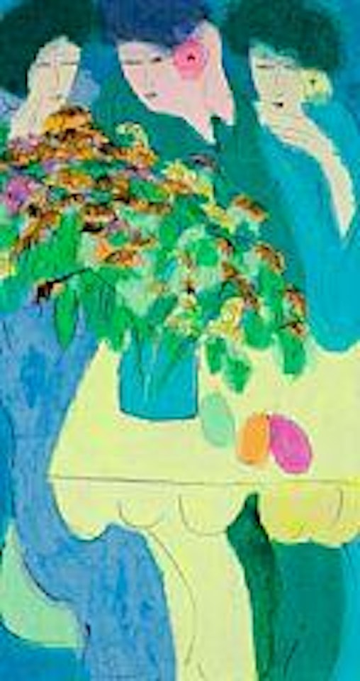 Three women with flowers by Walasse Ting