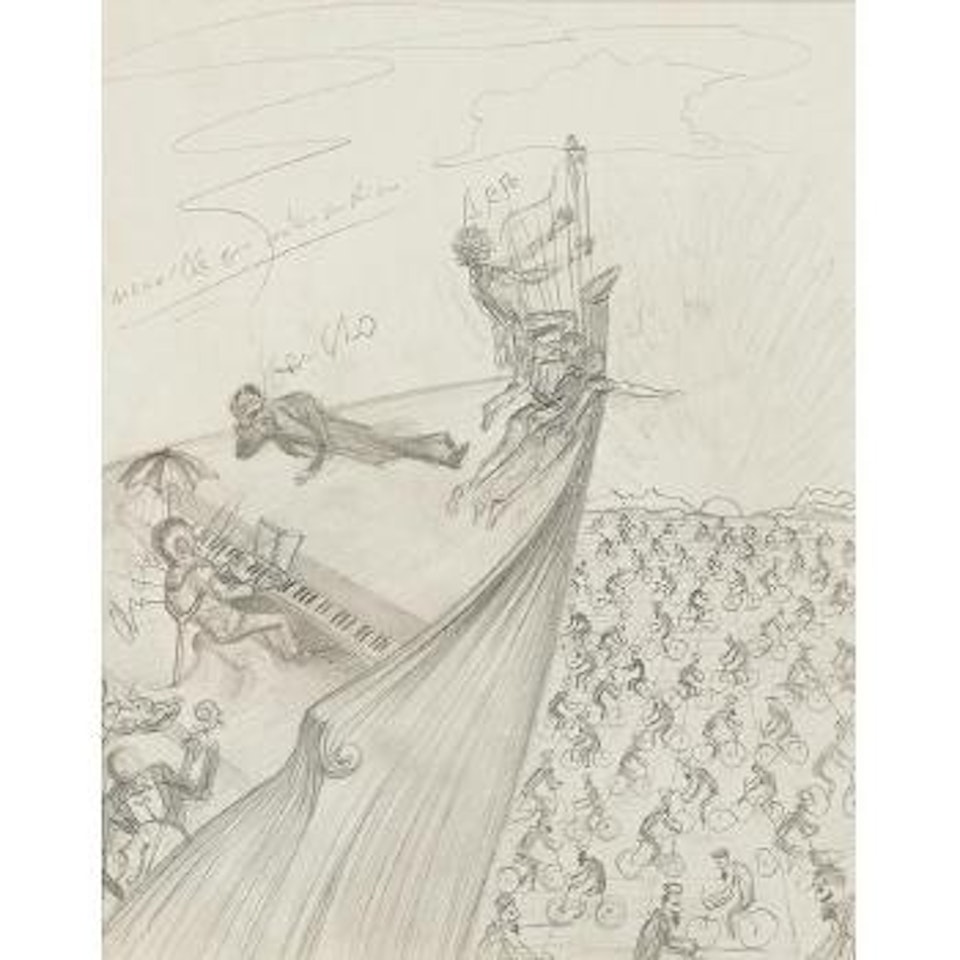 Fête dans le désert, orchestre des Marx Brothers sur Gondole [A party in the desert, the Marx Brothers Orchestra in a gondola], pour le projet de film avec les Marx Brothers Giraffes on Horseback Salad by Salvador Dali