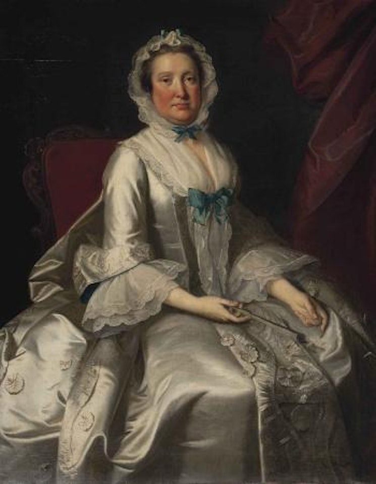 Portrait of a lady, seated, three-quarter length, in a white dress with blue ribbons, holding a fan by Thomas Hudson