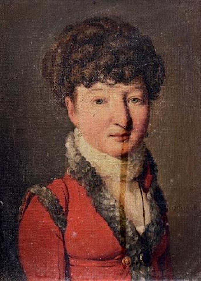 Portrait de femme en robe rouge au col de fourrure by Louis-Leopold Boilly