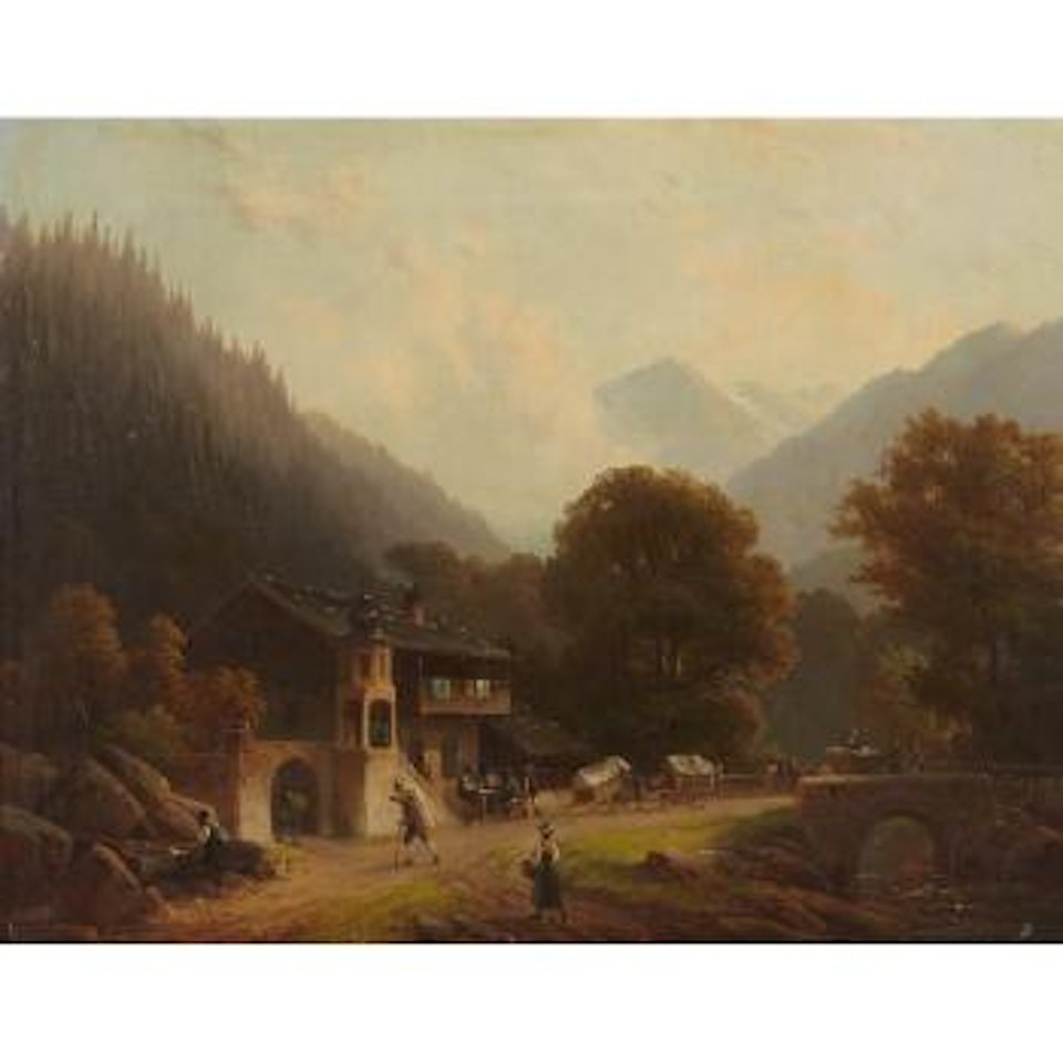Figures on a road in a mountain village by Anton Doll