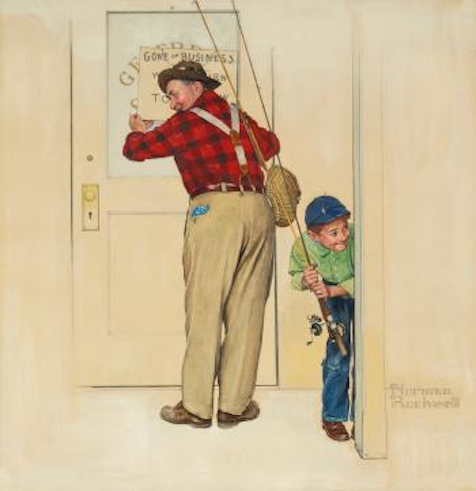 Boy And Shopkeeper: Gone On Business by Norman Rockwell