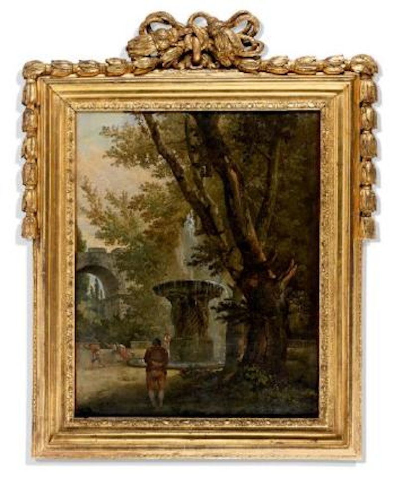 Personnage de dos contemplant une fontaine by Hubert Robert