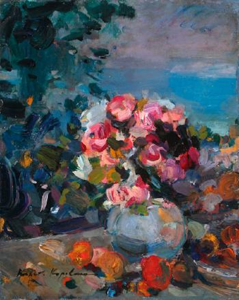 A fresh bouquet-a floral still life with fruit by Konstantin Alekseevich Korovin
