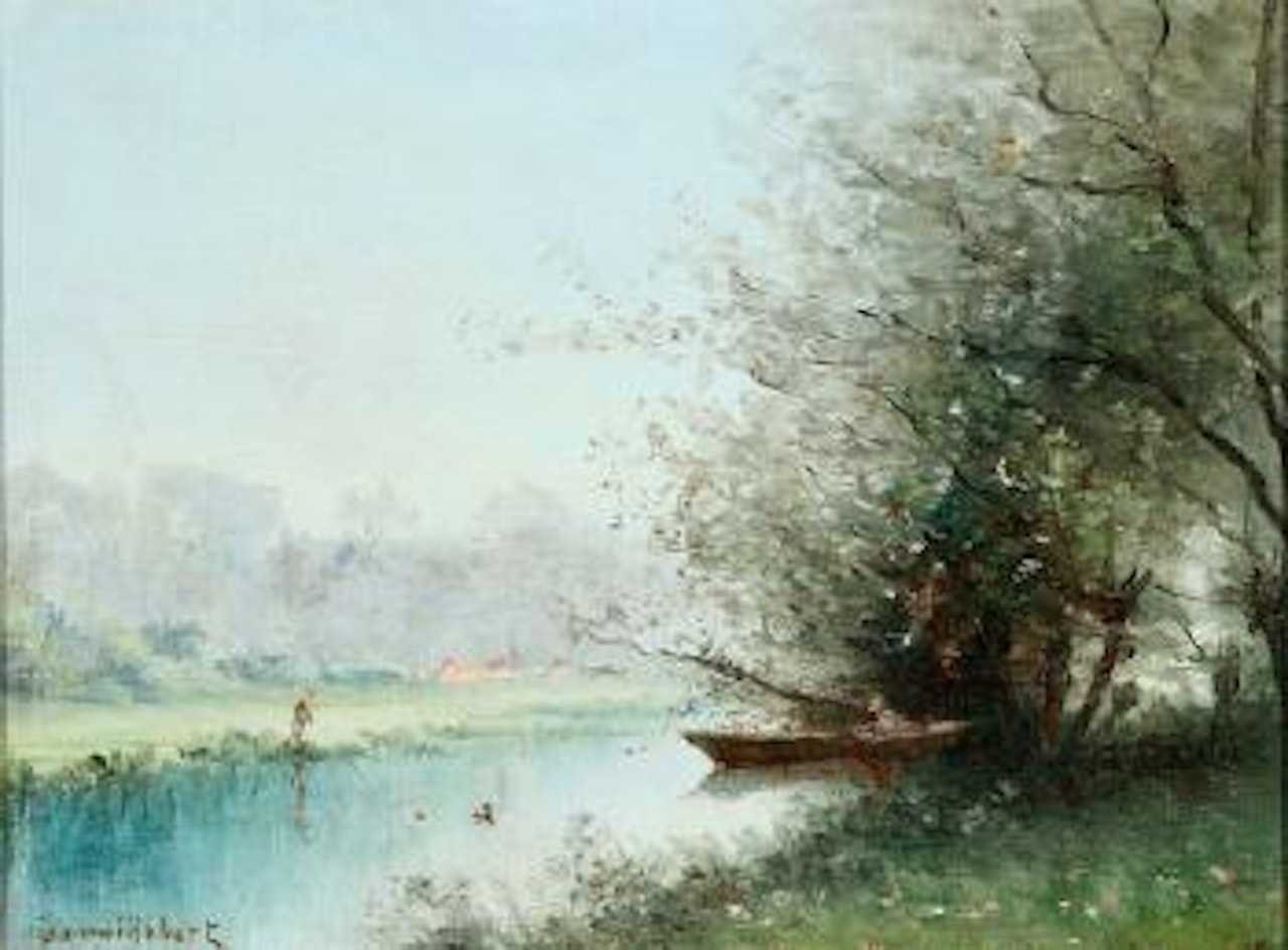 Barbizon landscape with fisherman by Paul Désiré Trouillebert