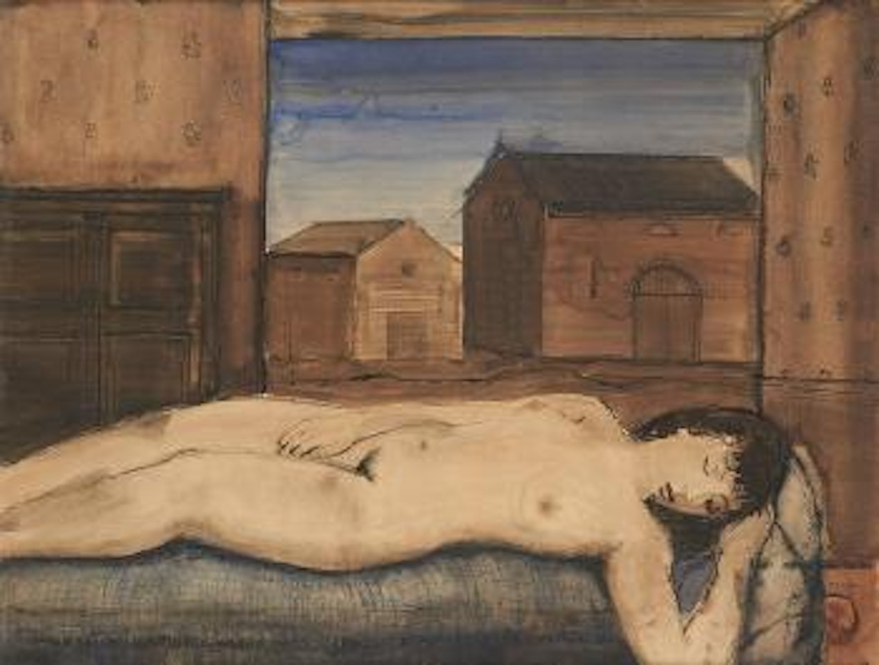 Nu couché devant des habitations by Paul Delvaux