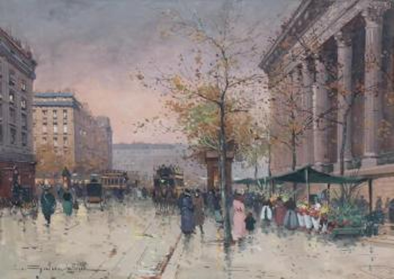 Place de la Madeleine, le marché aux fleurs by Eugene Galien-Laloue